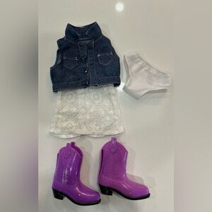 Stylish Denim and Lace Doll Outfit with Purple Cowboy Boots